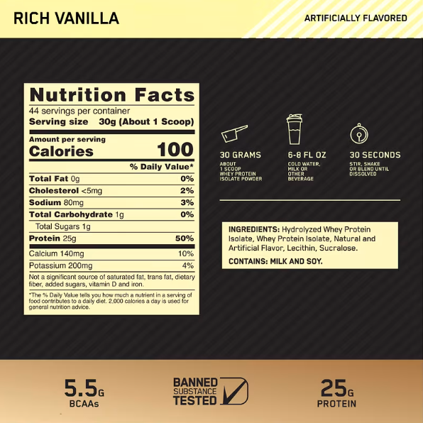 Optimum Nutrition, Gold Standard® 100% Isolate, Rich Vanilla, 46.5 oz (1.32 kg)